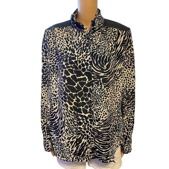 VTG 80s JORDAN WOMAN BUTTON UP SHIRT SIZE 9/10 BLACK WITH LEOPARD PRINT SILKY - Picture 1 of 11